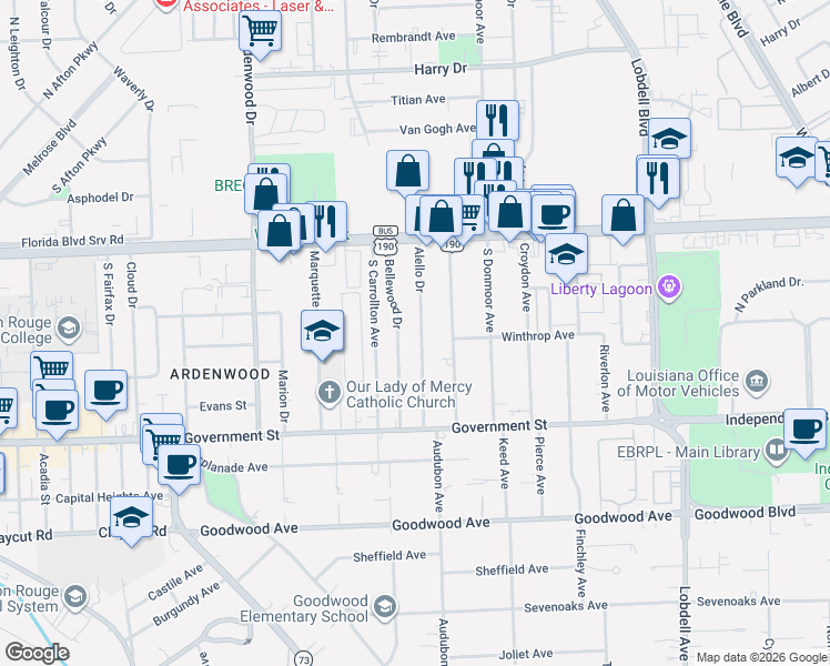 map of restaurants, bars, coffee shops, grocery stores, and more near in Baton Rouge