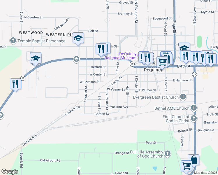 map of restaurants, bars, coffee shops, grocery stores, and more near Center St in DeQuincy