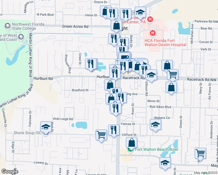 map of restaurants, bars, coffee shops, grocery stores, and more near 800 Beal Parkway Northeast in Fort Walton Beach