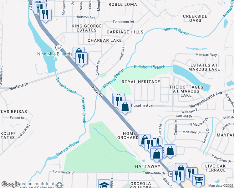 map of restaurants, bars, coffee shops, grocery stores, and more near 2702 Massachusetts Avenue in Pensacola