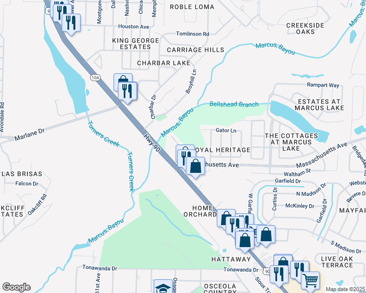 map of restaurants, bars, coffee shops, grocery stores, and more near 2702 Massachusetts Avenue in Pensacola