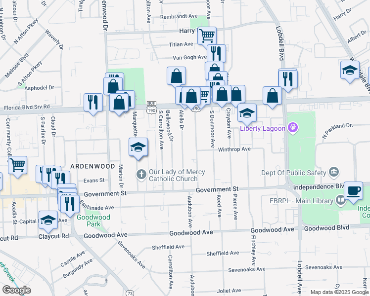 map of restaurants, bars, coffee shops, grocery stores, and more near 265 Alello Drive in Baton Rouge