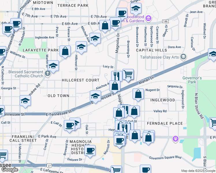 map of restaurants, bars, coffee shops, grocery stores, and more near 1123 Alachua Avenue in Tallahassee