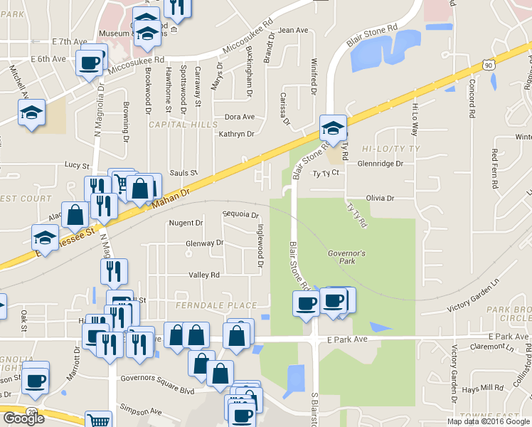 map of restaurants, bars, coffee shops, grocery stores, and more near 415 Inglewood Drive in Tallahassee