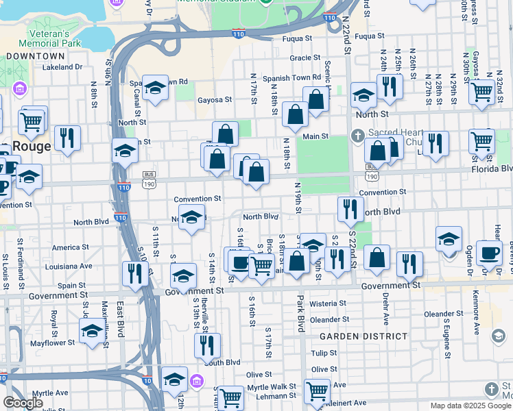 map of restaurants, bars, coffee shops, grocery stores, and more near 129 North 17th Street in Baton Rouge