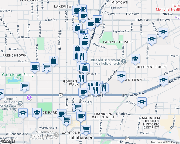 map of restaurants, bars, coffee shops, grocery stores, and more near 312 East Georgia Street in Tallahassee