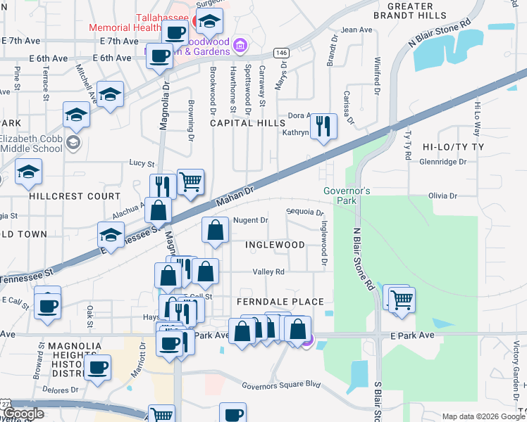 map of restaurants, bars, coffee shops, grocery stores, and more near 428 Margaret Court in Tallahassee