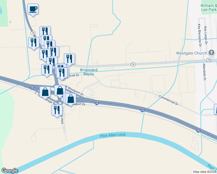 map of restaurants, bars, coffee shops, grocery stores, and more near 2480 Commercial Drive in Port Allen
