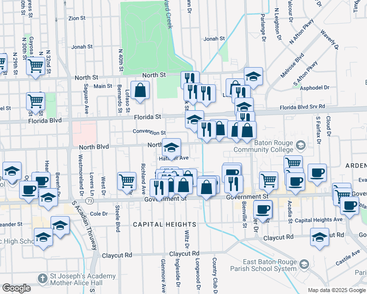 map of restaurants, bars, coffee shops, grocery stores, and more near 4366 North Boulevard in Baton Rouge