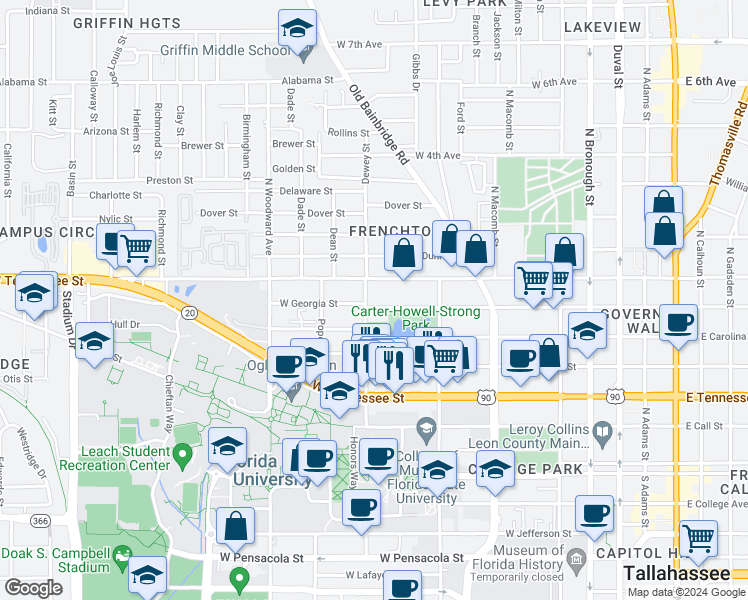 map of restaurants, bars, coffee shops, grocery stores, and more near 660 West Georgia Street in Tallahassee