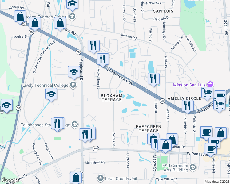 map of restaurants, bars, coffee shops, grocery stores, and more near 437 Cactus Street in Tallahassee