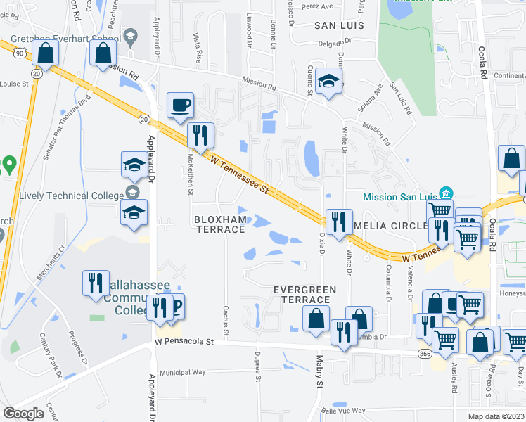 map of restaurants, bars, coffee shops, grocery stores, and more near 2527 West Tennessee Street in Tallahassee