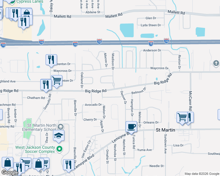 map of restaurants, bars, coffee shops, grocery stores, and more near 15905 Albany Drive in Biloxi