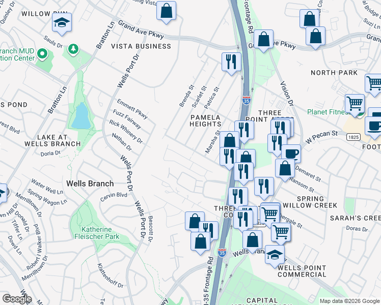 map of restaurants, bars, coffee shops, grocery stores, and more near 1905 Ouida Drive in Austin