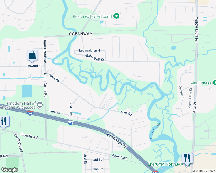 map of restaurants, bars, coffee shops, grocery stores, and more near 2121 Davis Road in Jacksonville