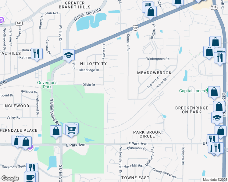 map of restaurants, bars, coffee shops, grocery stores, and more near 2062 Pepperidge Way in Tallahassee