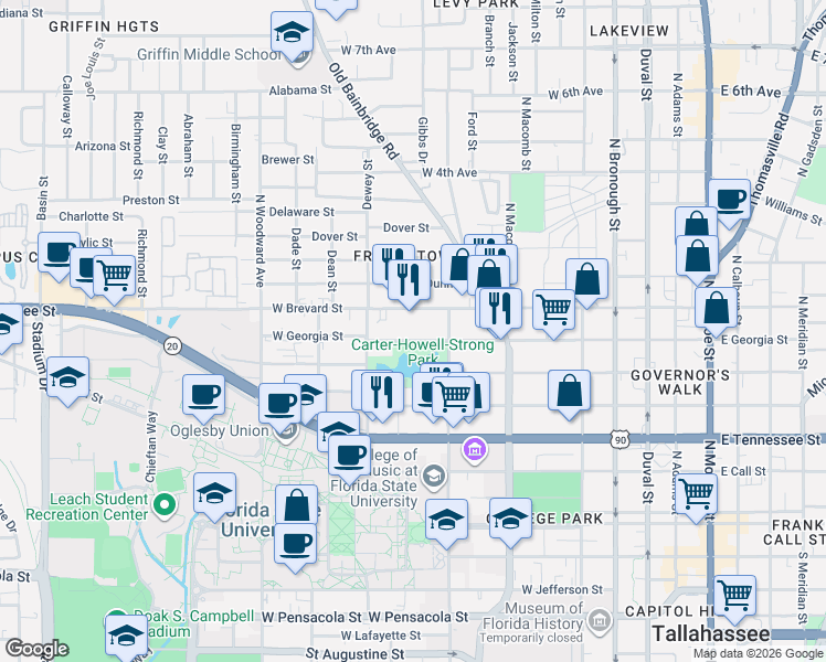 map of restaurants, bars, coffee shops, grocery stores, and more near 632 West Georgia Street in Tallahassee