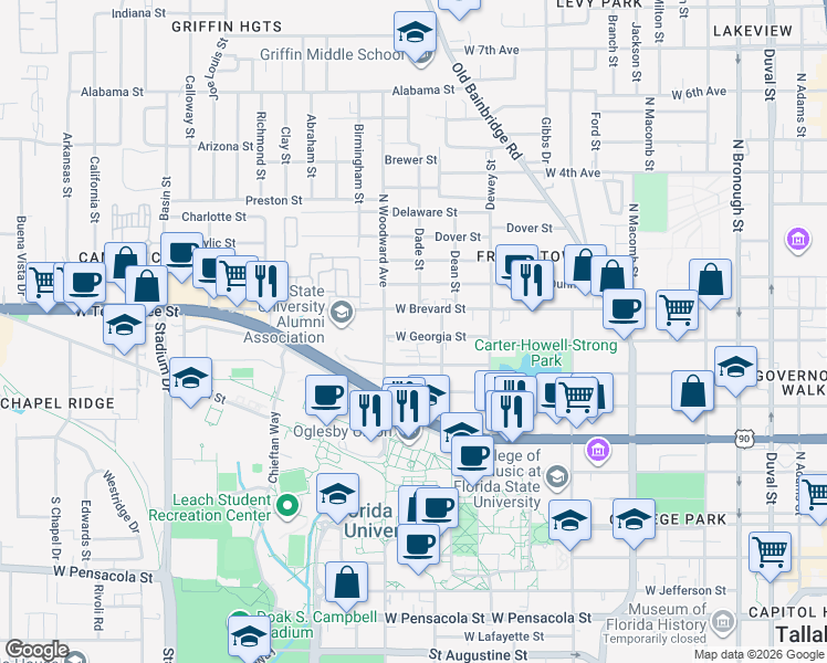 map of restaurants, bars, coffee shops, grocery stores, and more near 826 West Georgia Street in Tallahassee