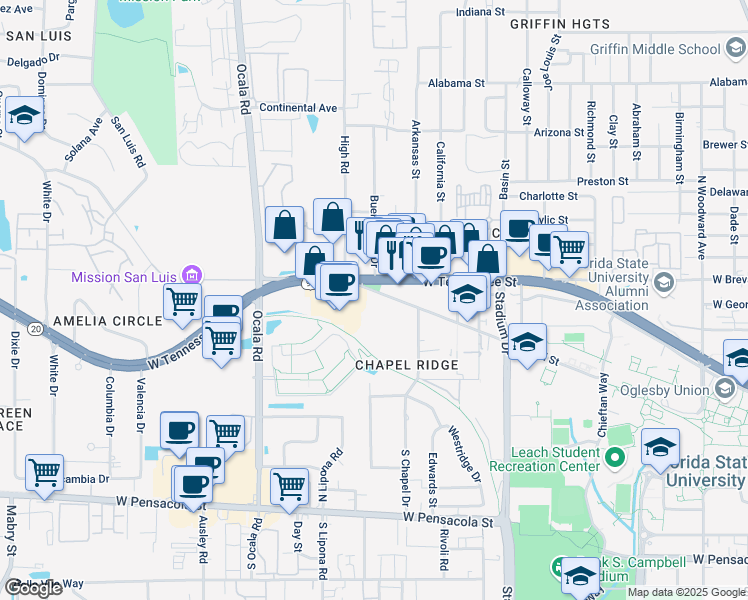 map of restaurants, bars, coffee shops, grocery stores, and more near in Tallahassee