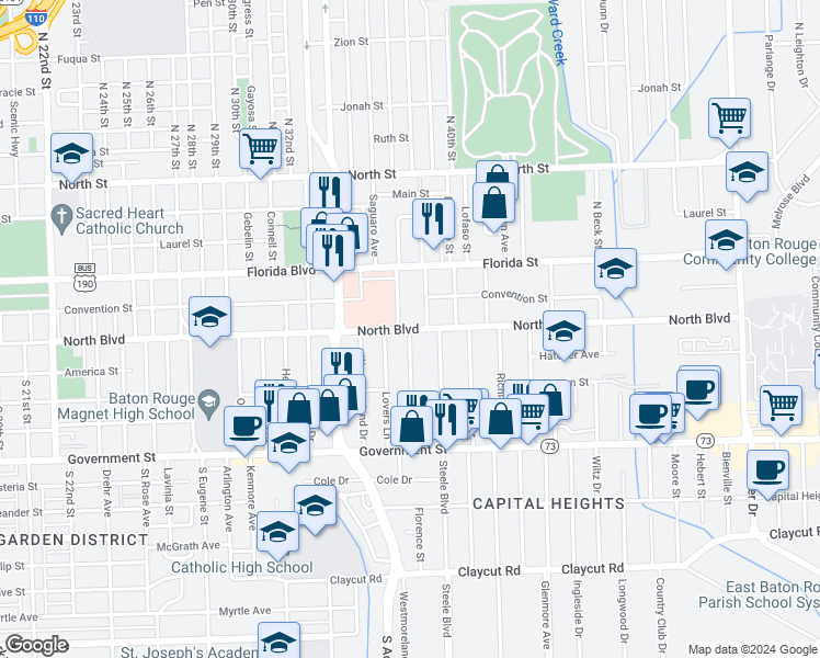 map of restaurants, bars, coffee shops, grocery stores, and more near 4040 North Boulevard in Baton Rouge