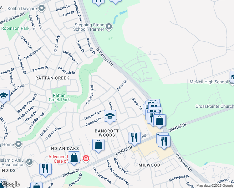 map of restaurants, bars, coffee shops, grocery stores, and more near 13238 Kerrville Folkway in Austin