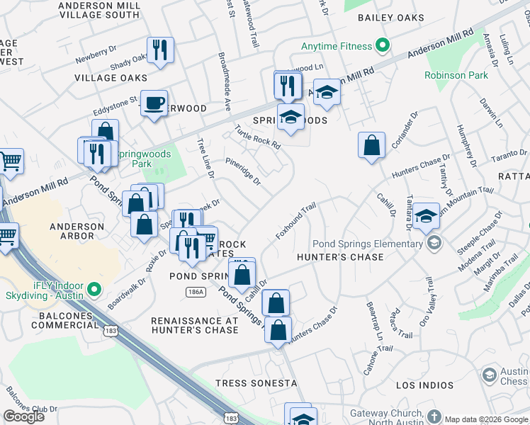 map of restaurants, bars, coffee shops, grocery stores, and more near 12601 Turtle Rock Road in Austin