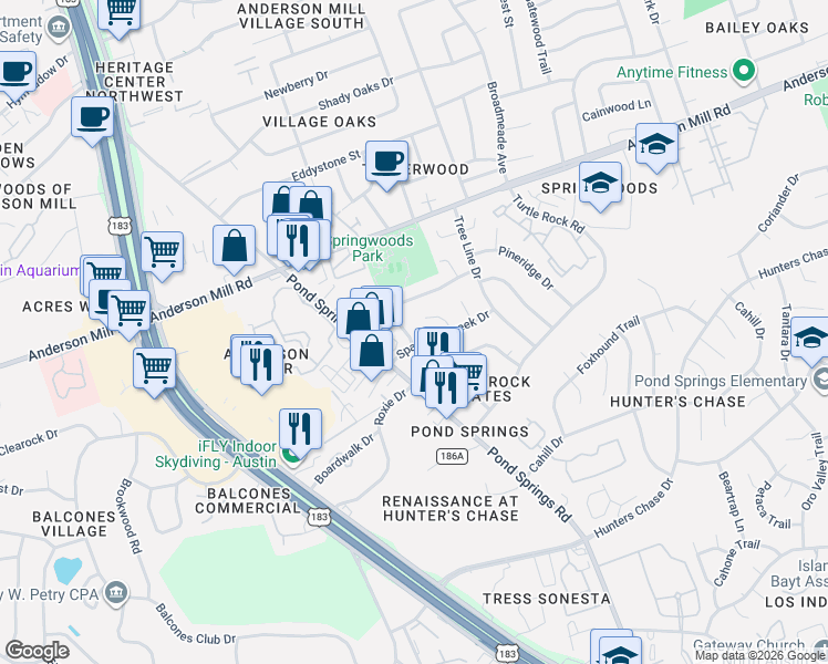 map of restaurants, bars, coffee shops, grocery stores, and more near 12304a Burr Ridge Drive in Austin