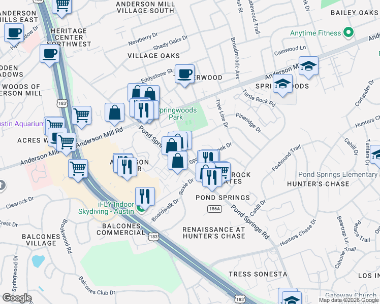 map of restaurants, bars, coffee shops, grocery stores, and more near 12304a Burr Ridge Drive in Austin