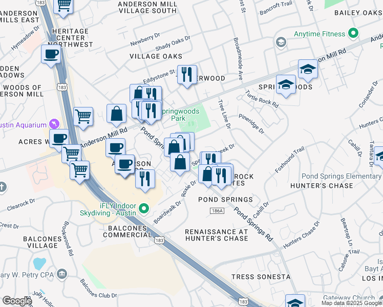 map of restaurants, bars, coffee shops, grocery stores, and more near 12304a Burr Ridge Drive in Austin