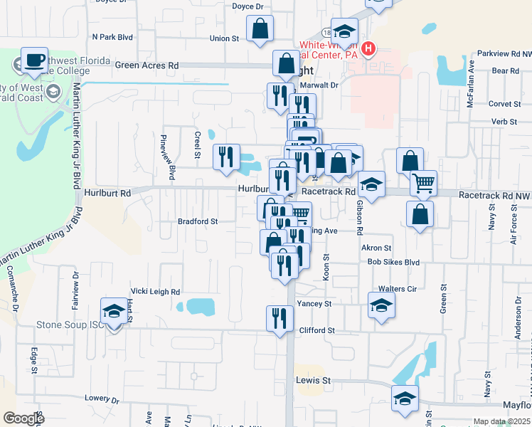 map of restaurants, bars, coffee shops, grocery stores, and more near 800 Beal Parkway in Fort Walton Beach