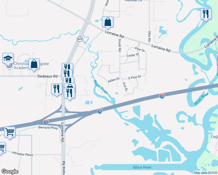 map of restaurants, bars, coffee shops, grocery stores, and more near 11239 Creek Drive in Gulfport