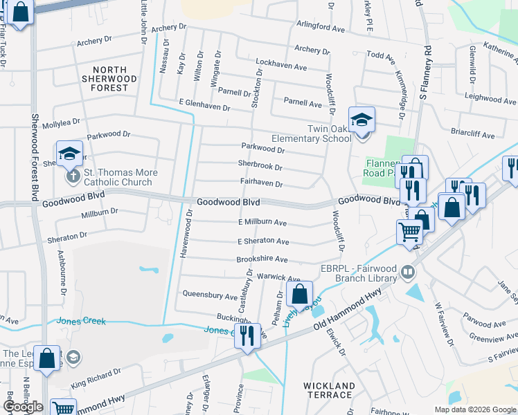 map of restaurants, bars, coffee shops, grocery stores, and more near 12458 Goodwood Boulevard in Baton Rouge