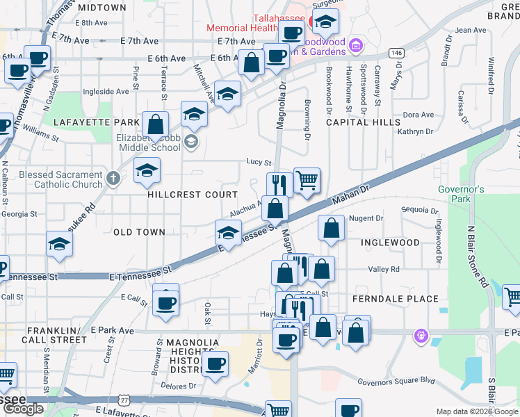 map of restaurants, bars, coffee shops, grocery stores, and more near 1123 Alachua Avenue in Tallahassee