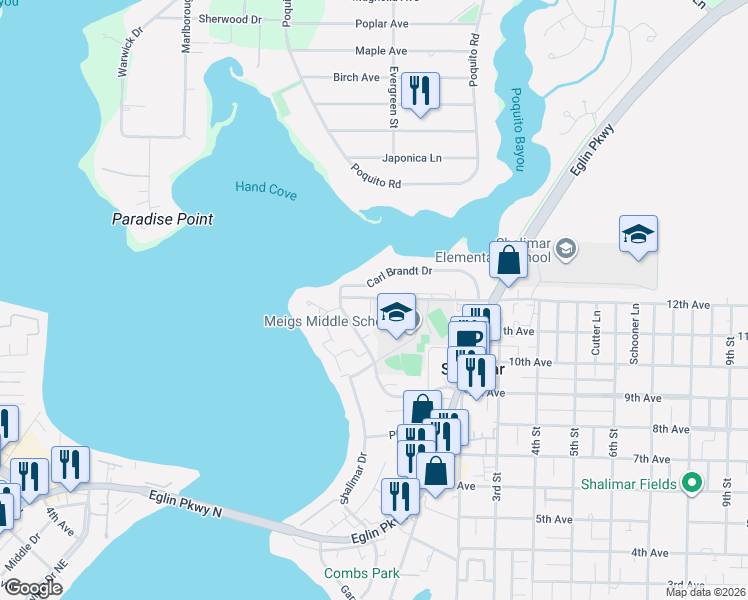 map of restaurants, bars, coffee shops, grocery stores, and more near 167 Richbourg Avenue in Shalimar