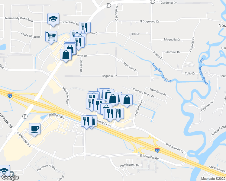 map of restaurants, bars, coffee shops, grocery stores, and more near 4017 Cypress Point Drive in Covington