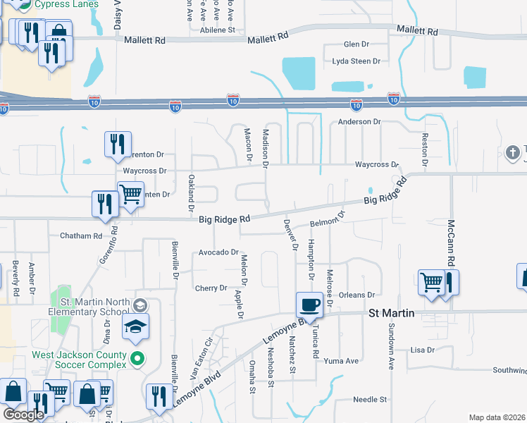map of restaurants, bars, coffee shops, grocery stores, and more near 15905 Albany Drive in Biloxi