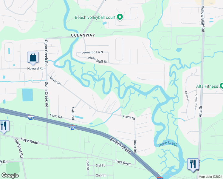 map of restaurants, bars, coffee shops, grocery stores, and more near 2121 Davis Road in Jacksonville