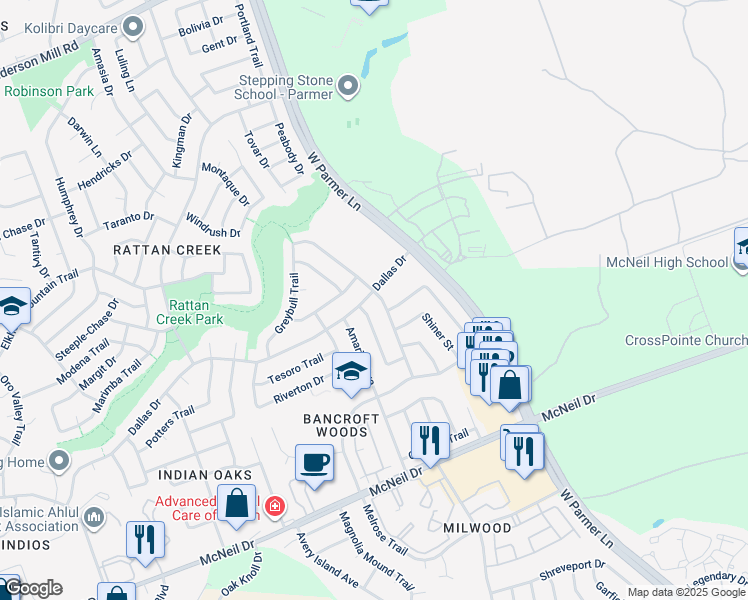 map of restaurants, bars, coffee shops, grocery stores, and more near 13238 Kerrville Folkway in Austin