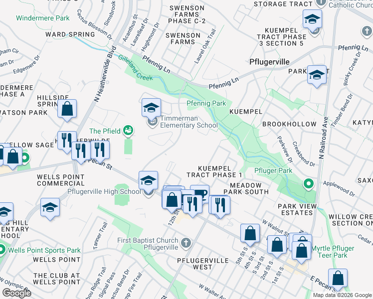 map of restaurants, bars, coffee shops, grocery stores, and more near 413 Swenson Farms Boulevard in Pflugerville