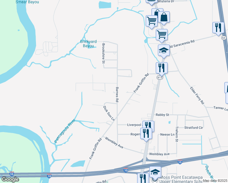 map of restaurants, bars, coffee shops, grocery stores, and more near 7325 Barnes Road in Moss Point