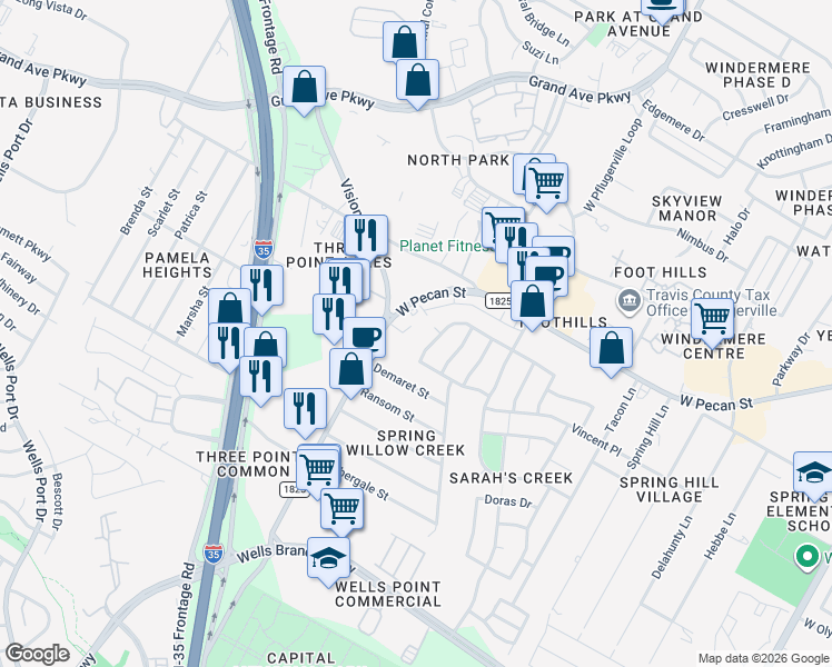 map of restaurants, bars, coffee shops, grocery stores, and more near 2939 West Pecan Street in Pflugerville