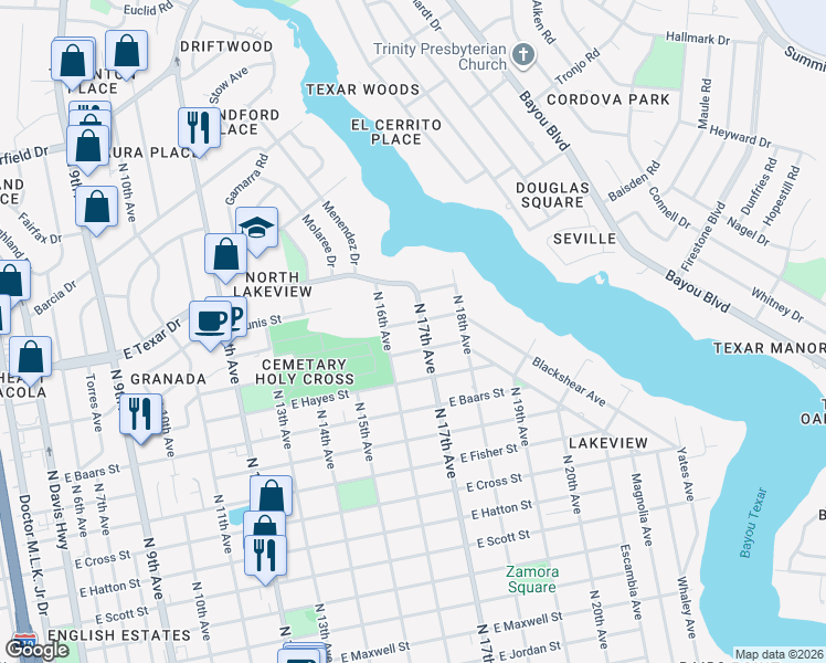 map of restaurants, bars, coffee shops, grocery stores, and more near 1641 East Maura Street in Pensacola