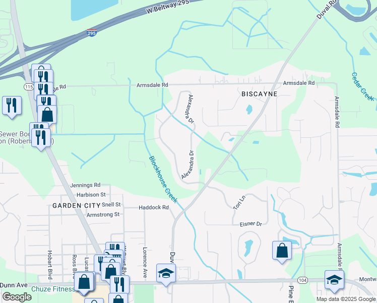 map of restaurants, bars, coffee shops, grocery stores, and more near 12129 Alexandra Drive in Jacksonville