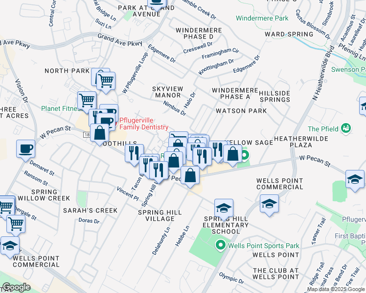 map of restaurants, bars, coffee shops, grocery stores, and more near 15906 Windermere Drive in Pflugerville