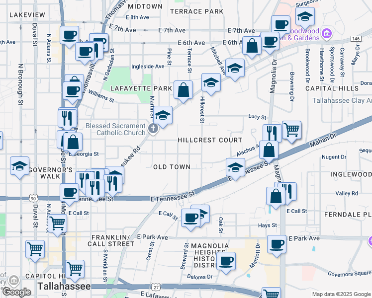 map of restaurants, bars, coffee shops, grocery stores, and more near 606 Terrace Street in Tallahassee