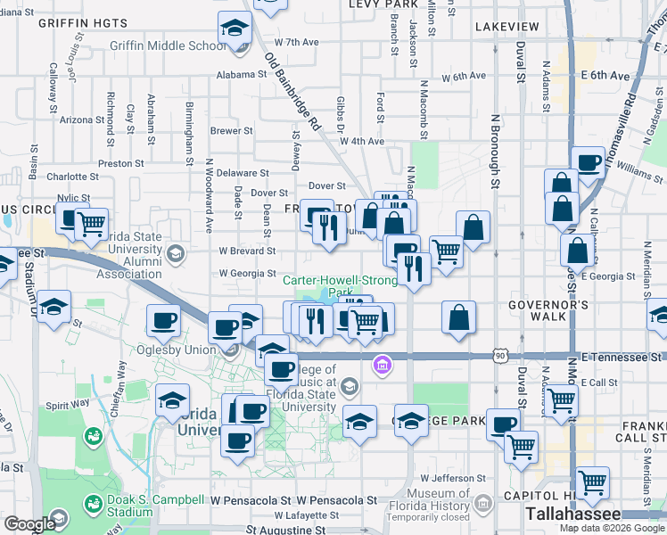 map of restaurants, bars, coffee shops, grocery stores, and more near 632 West Georgia Street in Tallahassee