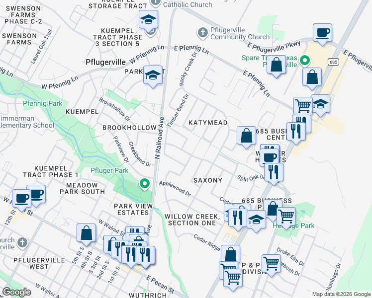 map of restaurants, bars, coffee shops, grocery stores, and more near 1101 Teakwood Trail in Pflugerville