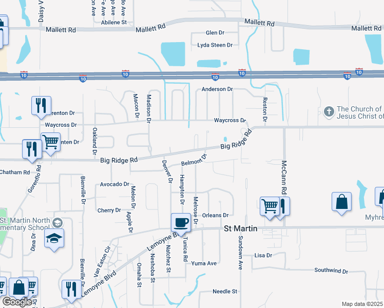 map of restaurants, bars, coffee shops, grocery stores, and more near 15621 Big Ridge Road in Biloxi