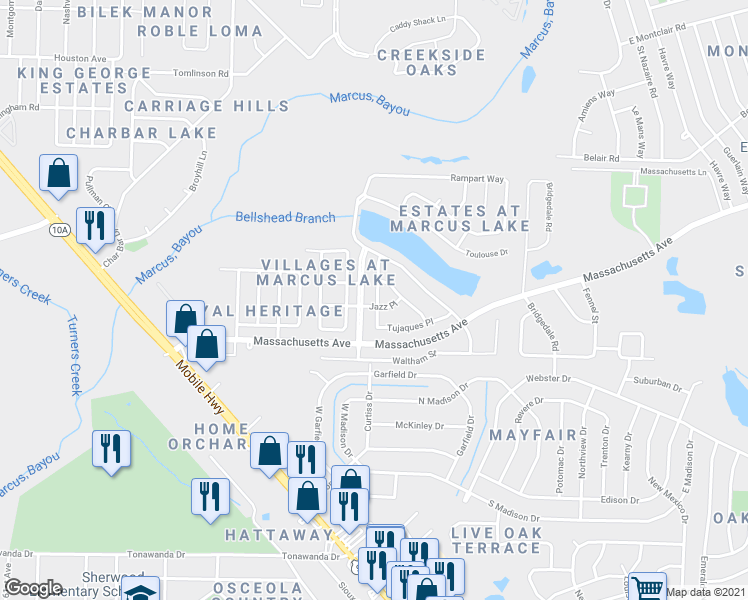 map of restaurants, bars, coffee shops, grocery stores, and more near 3001 Tujagues Place in Pensacola