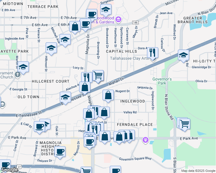 map of restaurants, bars, coffee shops, grocery stores, and more near 1407 Mahan Drive in Tallahassee